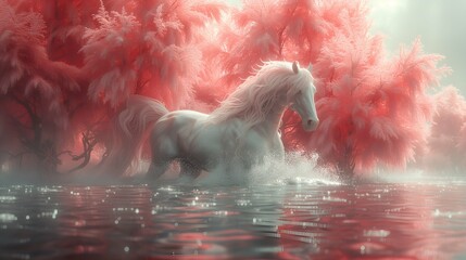 A white horse with a large mane, entering the water of a lake or river against the background of pink trees - obrazy, fototapety, plakaty