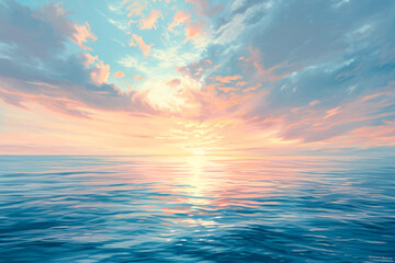 Naklejka na ściany i meble Generate a peaceful and uplifting painting of a breathtaking sunset over a calm ocean