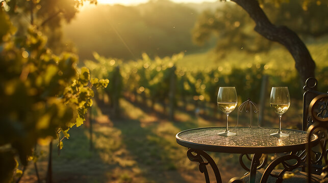 A tranquil morning scene with sunlight filtering through a vineyard