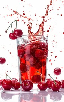 Cherry juice splashing out of a glass isolated on white background