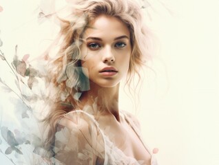 Double exposure of a young beauty. Photos, illustrations and drawing