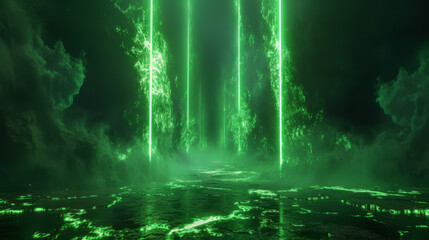Surreal abstract landscape with flowing green lava and radiant light beams.