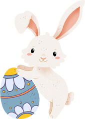 Easter cartoon white spring bunny with decorated egg illustration. Cute easter character. Transparent background