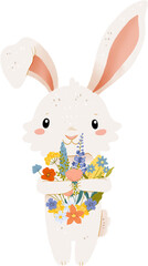 Easter cartoon white spring bunny with flowers illustration. Cute easter character. Transparent background