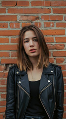 Generate a portrait of a woman with straight hair, wearing a black leather jacket, and standing in front of a brick wall