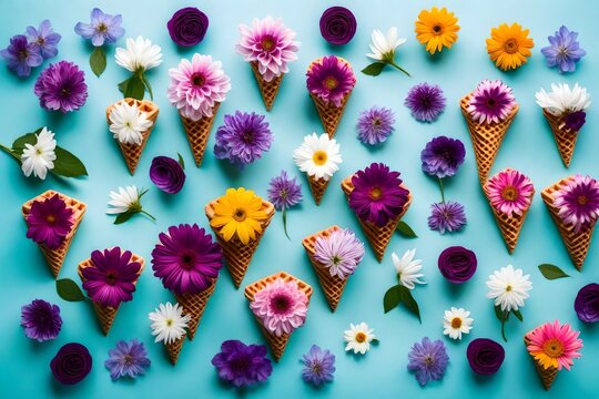 Purple, pink, violet and white flowers arranged in an waffle cone top view on light blue background