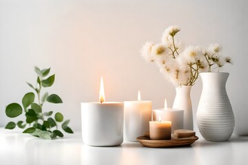 candle in white ceramic pot on a white background ,a vase with a candle. Cozy home natural eco decor