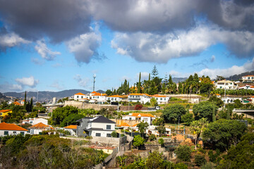 panoramic view over funchal and monte from cable car, aerial view, madeira, portugal, sea, mountains