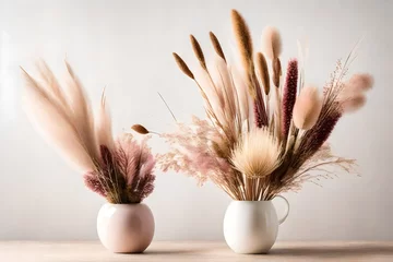 Foto op Canvas Stylish modern dried flower arrangement in a cream and pink vase. Including Banksia, pampas grass, bulrush and ruscus leaves © Naila