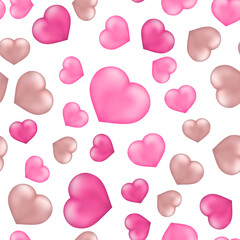 Heart seamless pattern. Valentines Day background. Pink realistic 3d hearts. Vector template for textile, fabric, wallpaper, wrapping paper, scrapbooking, etc.