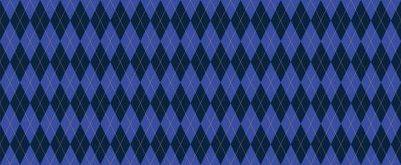 Navy Blue Argyle Seamless Vector Pattern. Blue and Dark Navy Diamonds with Thin Solid Gold Line Repeating Print. Harlequin Style Background. Pattern Tile Swatch Included.