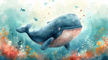 Cute whale watercolor illustration. Watercolor painting of whale. Clip art composition of humpback whale with flowers in the sea. - obrazy, fototapety, plakaty