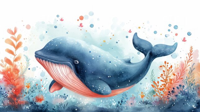 Cute whale watercolor illustration. Watercolor painting of whale. Clip art composition of humpback whale with flowers in the sea.