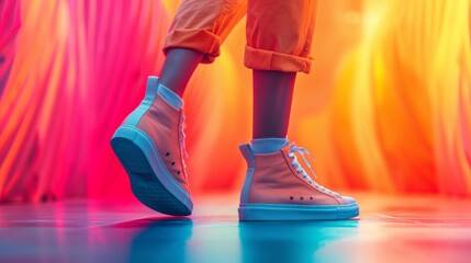 Abstract image featuring legs in sneakers. Retro background. Dynamic and modern representation of footwear fashion. - obrazy, fototapety, plakaty