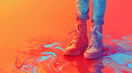 Abstract image featuring legs in sneakers. Splash painting. - obrazy, fototapety, plakaty
