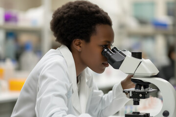 Fototapeta na wymiar Black female scientist looking through microscope while working in laboratory