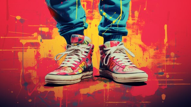 Abstract image featuring legs in sneakers. Splash painting.