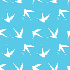 Seamless pattern with swallow silhouette on color background. Cute bird in flight. Vector illustration. Doodle style. Design for invitation, poster, card, fabric, textile