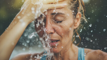 Refreshing Splash: Senior Woman Cooling Down on a Hot Day