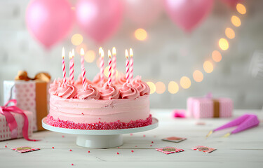 pink birthday cake with candles and gift boxes on white wooden table on blurred white party background