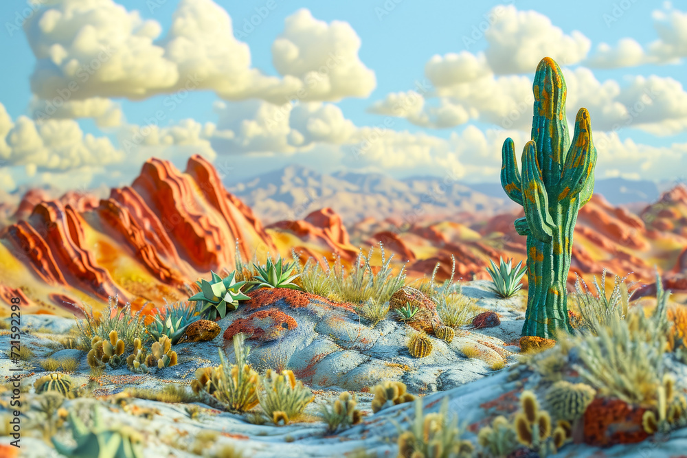 Poster generate a relief of a desert with a cactus in the foreground