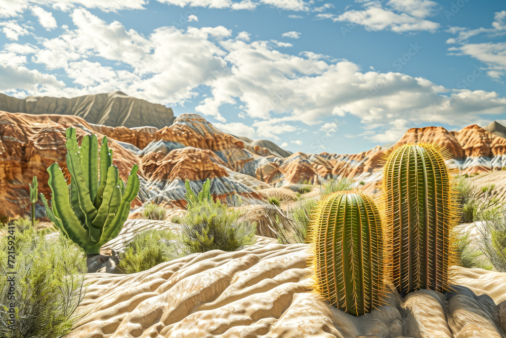 Poster generate a relief of a desert with a cactus in the foreground