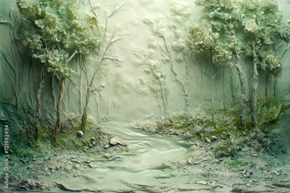 Poster generate a relief of a forest with a river flowing through it