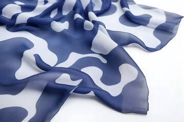 Light blue camouflage fabric. Texture of silk fabric with camouflage pattern, textile products.