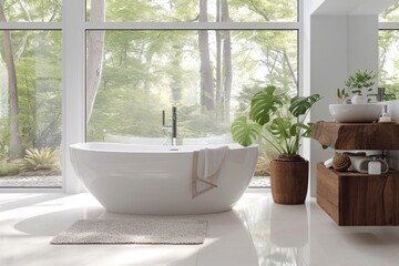 Fototapeta premium Interior of modern minimalist eco-style bathroom in luxury villa. White walls, wall-hung wooden cabinet with surface-mounted sink, freestanding bath, indoor plants, panoramic window.
