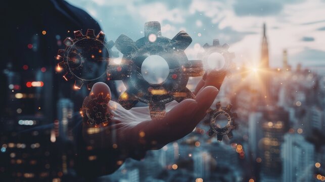 Close Up Of Businessman's Hand Holding Abstract Cogs On City Background. Teamwork Concept. Double Exposure