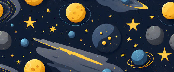 Illustration of Various Planets Orbiting in a Stylized Solar System, starry space backdrop