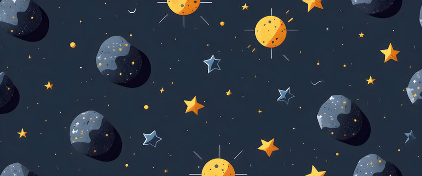 Illustration of Various Planets Orbiting in a Stylized Solar System, starry space backdrop