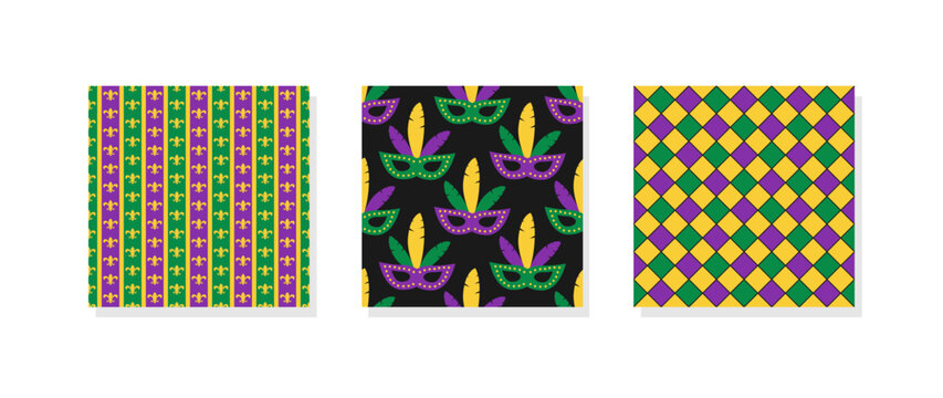 Mardi Gras seamless patterns.  Three carnival or masquerade backgrounds.  Vector template.