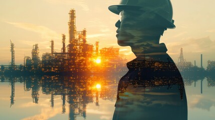Double exposure of Engineer with oil refinery industry plant background, industrial instruments in the factory and physical system icons concept