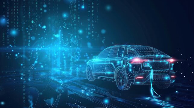 Future EV car electric plug and battery charger blue abstract digital binary code background. Alternative and sustainable energy concept. New futuristic system technology symbol. Vector illustration