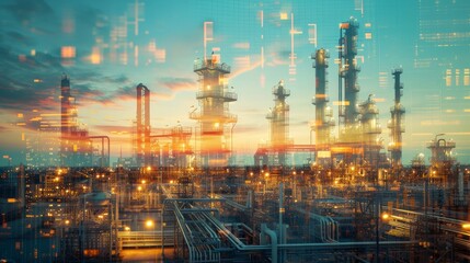 Future factory plant and energy industry concept in creative graphic design. Oil, gas and petrochemical refinery factory with double exposure arts showing next generation of power and energy business - obrazy, fototapety, plakaty