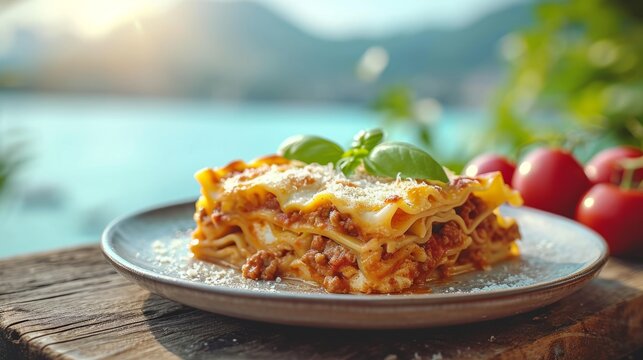 Rustic wooden table with a plate of Italian lasagna Bolognese garnished with fresh basil leaves. Bright summer restaurant terrace overlooking a beautiful Mediterranean seascape.