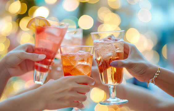 Hands holding glasses of coctail, people cheering with glasses on pastel bokeh background