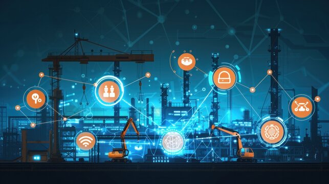 Industry 4.0 technology concept - Smart factory for fourth industrial revolution with icon graphic showing automation system by using robots and automated machinery controlled via internet network