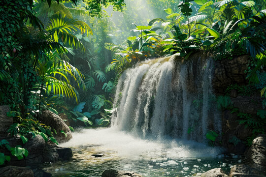 Generate a relief of a waterfall in a jungle © mila103