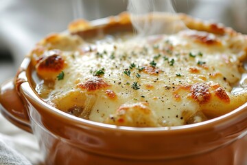 Close-up of traditional French onion soup with grated cheese and parsley in a ceramic bowl. Classic French home cuisine. Background image for the menu. - obrazy, fototapety, plakaty