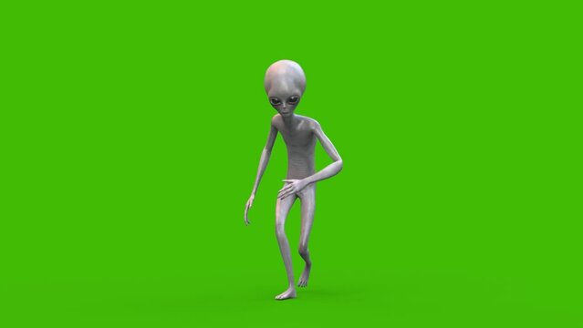 Green Screen Gray Alien Walkcycle Front Loop 3D Animation Rendering CGI