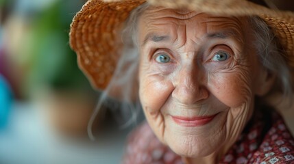 Close-up portrait of an elderly woman's funny facial expression. Funny elderly woman with expressive eyebrows and amused look of humor. Unique easy expression.