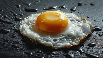 A golden yolk nestled in a sea of dark, crisp edges - a perfect fried egg on a black surface,...