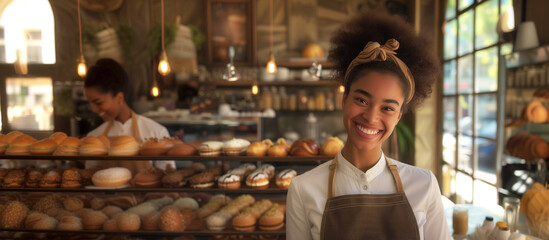 Smiling Bakery Supervisor in Cozy Cafe.
A young, cheerful bakery supervisor stands amidst an array of fresh baked goods, radiating hospitality