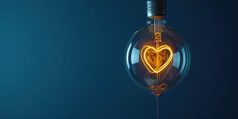 Poster Yellow heart in electric light bulb on blue studio background with copy space empty place for text. Valentine's day, creative idea, Inspiration share love concept. Copy paste place for text © Valeriia