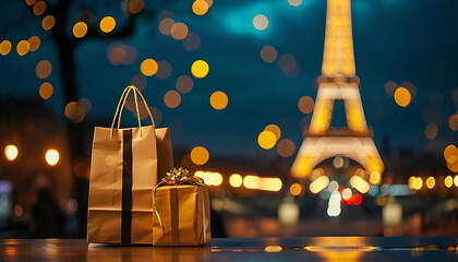 gold effeil tower with paper bags on dark bokeh background