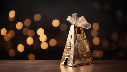 Fototapeta premium gold effeil tower with paper bags on dark bokeh background
