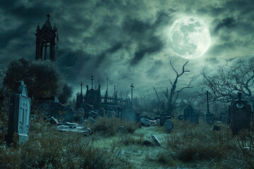 spooky graveyard, where skeletons and zombies rise from the dead, and the moon casts an eerie glow - obrazy, fototapety, plakaty