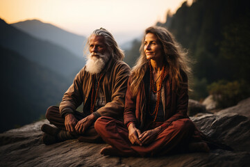 Unity connection with yourself, meditating for inner peace zen balance, stable mental health wellness concept. Senior adult couple practicing breathing yoga pranayama in sunrise nature park mountains